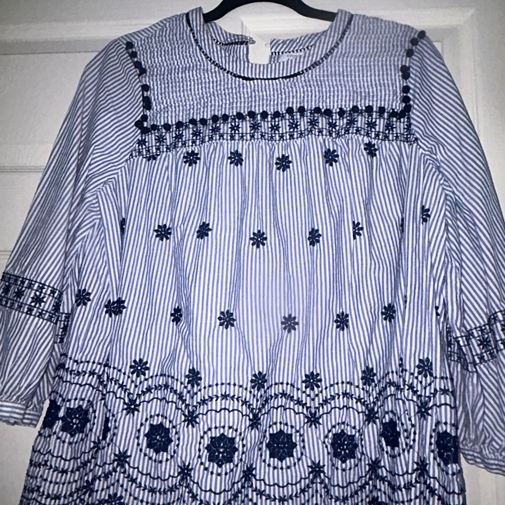 Crown & Ivy Blue and White Embellished Bib Collar Blouse